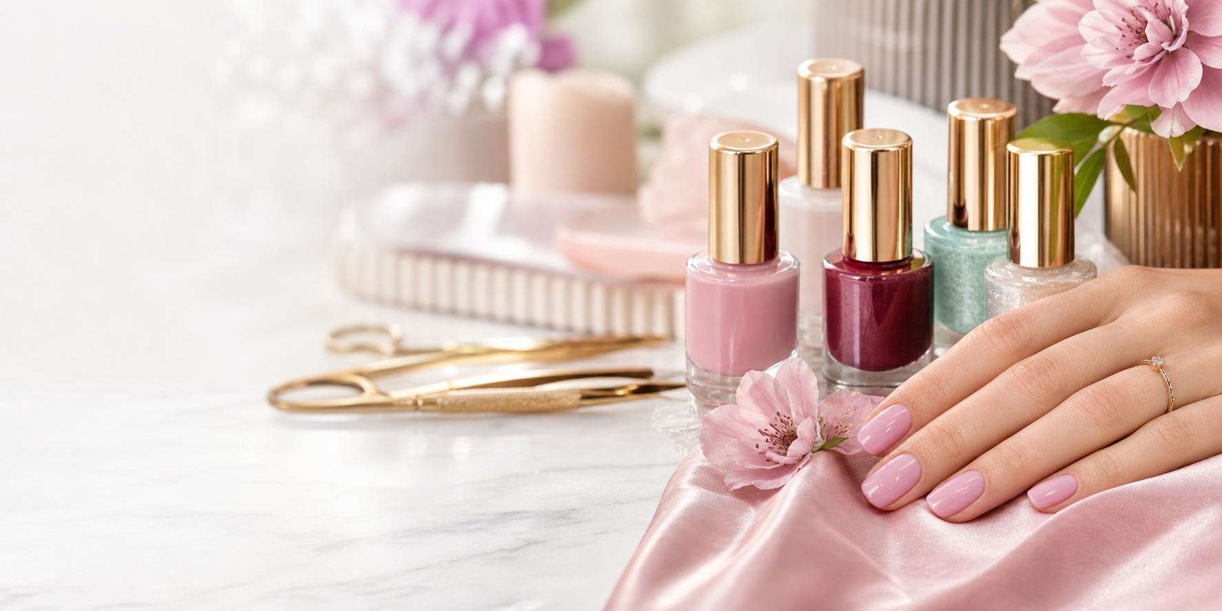 Nail studio table with polish and manicure details